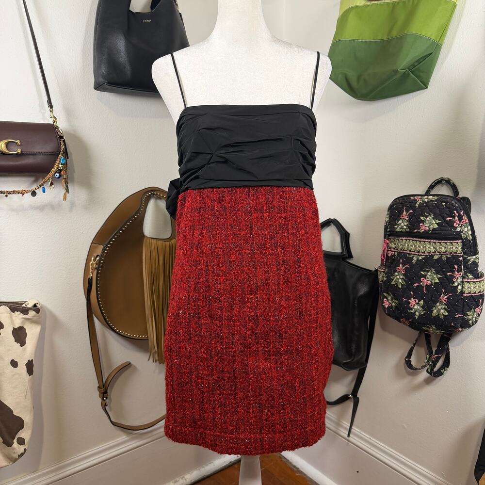 Maeve Anthropologie Tweed Bow Back Mini Dress Red Black Taffeta Holiday Party S